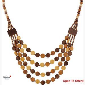 Vintage Retro Wooden Beaded Multi Layered Long Necklace Set with Earrings